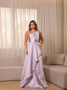 One-Shoulder Long Dress With Structured Bow – Unparalleled Elegance For Parties And Timeless Celebrations* - Lilac Purple - View 6