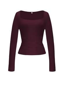 Vaiaye 女士性感修身长袖针织上衣，纯色方领T恤，适合情人节穿着 - 紫紅色 - 查看 3