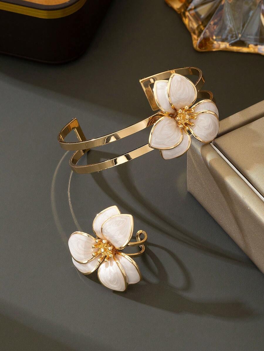 1pc Handmade Cute White Flower Resin Ring & 1pc Bracelet Women Jewelry Set (No Gift Box) - White - View 1
