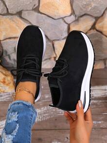 Women's Winter European & American Style Lace-Up Thermal Lined Sneakers, Warm, Fashionable, Casual, Comfortable Walking Shoes - Black - View 1