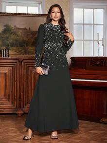 女士纯黑色连衣裙，饰以对比色仿珍珠，喇叭形下摆，立领，点缀着泡泡状仿珍珠，精致优雅的及地长裙，适合婚礼和度假穿着。 - 黑色 - 查看 6