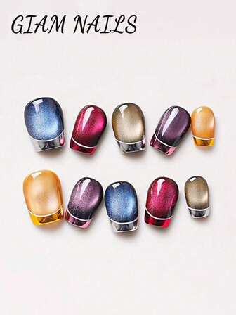 Square Handmade Nail Decoration, Simple And Fashionable Style, Including Red, Blue, Purple, Yellow, Orange Nail Plates, With French Cat Eyes, 10 Pieces/Set, 2 Sizes Optional, Suitable For Parties, Celebrations, Daily Wear, With Tools, It Is A Great Gift For Women And Girls, Press-On Nails, Nail Art Supplies, Nails