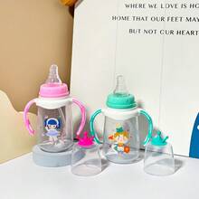 1个婴儿PP材质奶瓶，带手柄吸管杯，重力球设计，防呛防摔，卡通图案，刻度，150毫升/280毫升，粉色 - 彩色 - 查看 5