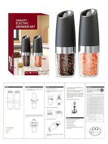 2-Pack Automatic Gravity Induction Grinder For Salt And Pepper, Illuminated Electronic Salt And Pepper Shaker With LED Light, Adjustable Coarseness, One-Hand Operation, Suitable For Home Kitchen BBQ, Ideal Kitchen Gadget Gift - 黑色 - 查看 7