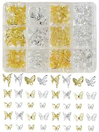 1 caja de accesorios de uñas de mariposa de aleación 3D de colores aleatorios, estilo gótico, ultra delgados y calados, en dorado y plateado, para decoración de uñas DIY