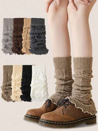 8双秋冬蕾丝边复古风女式腿套，百搭针织袜套，颜色柔和，修饰腿部线条，完美搭配高跟鞋和踝靴