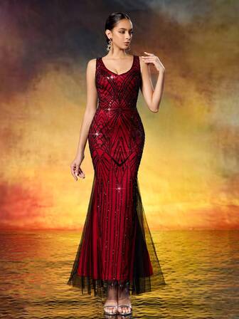 LVNES 1920s Gatsby Prom Dress, Glamorous Crimson-Black Art Deco Beaded Mermaid Evening Gown