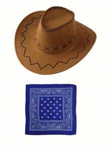 1件/2件复古牛仔帽套装，男女通用牛仔帽，防晒宽檐帽，牛仔帽围巾套装，牛仔帽太阳镜套装，西部牛仔服装套装，派对帽，头带，头巾，适合日常装饰、户外旅行、徒步旅行、情人节