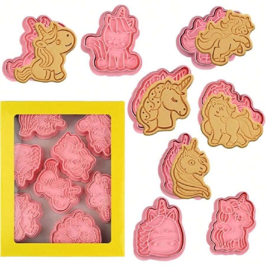 8 Piece Unicorn Cookie Cutter Set With Plunger Stamps - Unicorn Head Embossing Stamps For Biscuit Fondant Cheese Baking,27314951 - 寶藍色 - 查看 1