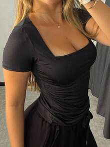 Set Of 3 Basic Blouses In Spandex With Square Neckline And Short Sleeves (Lined) - Marrón/Negro/Rosa - Ver 6