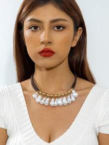 imoli 1pc Minimalist Polyester Cord Necklace With Metal Wrapped Pendant & Faux Pearl, Creative Niche Design Jewelry Pendant Necklace, Suitable For Party, Gathering, Gift