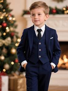 Boys Christmas Outfit 4-Piece Boys Suits For Wedding Blazer, Vest, Pants , Tie, Suitable For Elegant Birthday Party, Wedding, Anniversary, Christening
