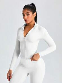 Chaqueta de yoga ajustada y sexy de unicolor para mujer, chaqueta deportiva de primavera para fitness diario, entrenamiento, running y yoga de secado rápido, blanca - Blanco - Ver 8