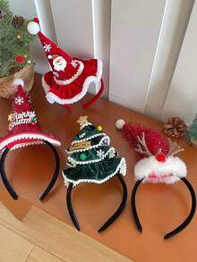 1pc Cute Plush Red Santa Hat, Cartoon Snowman Green Christmas Tree Headband For Women, Photo Prop & Party Accessory, Hair Band, Hair Hoop - Multicolor - View 1