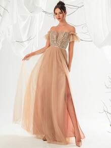 VIPGIRL Brown Off-Shoulder Mesh Sequin A-Line High Slit Maxi Evening Dress - Brown - View 3