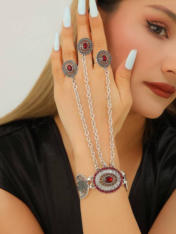 سوار إصبع بوهيمي فينتاج مزين بالراين ستون، طقم مجوهرات هندسي للحفلات للنساء