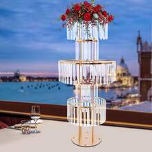 Modern 5-Tier Wedding Flower Stand, 5-Tier Acrylic Crystal Flower Stand, Wedding Vases Centerpieces, Crystal Vases, Elegant Flower Display Holder For Weddings, For Parties, Events Decoration(Round Pedestal, Silver/Gold) - 金色 - 查看 1