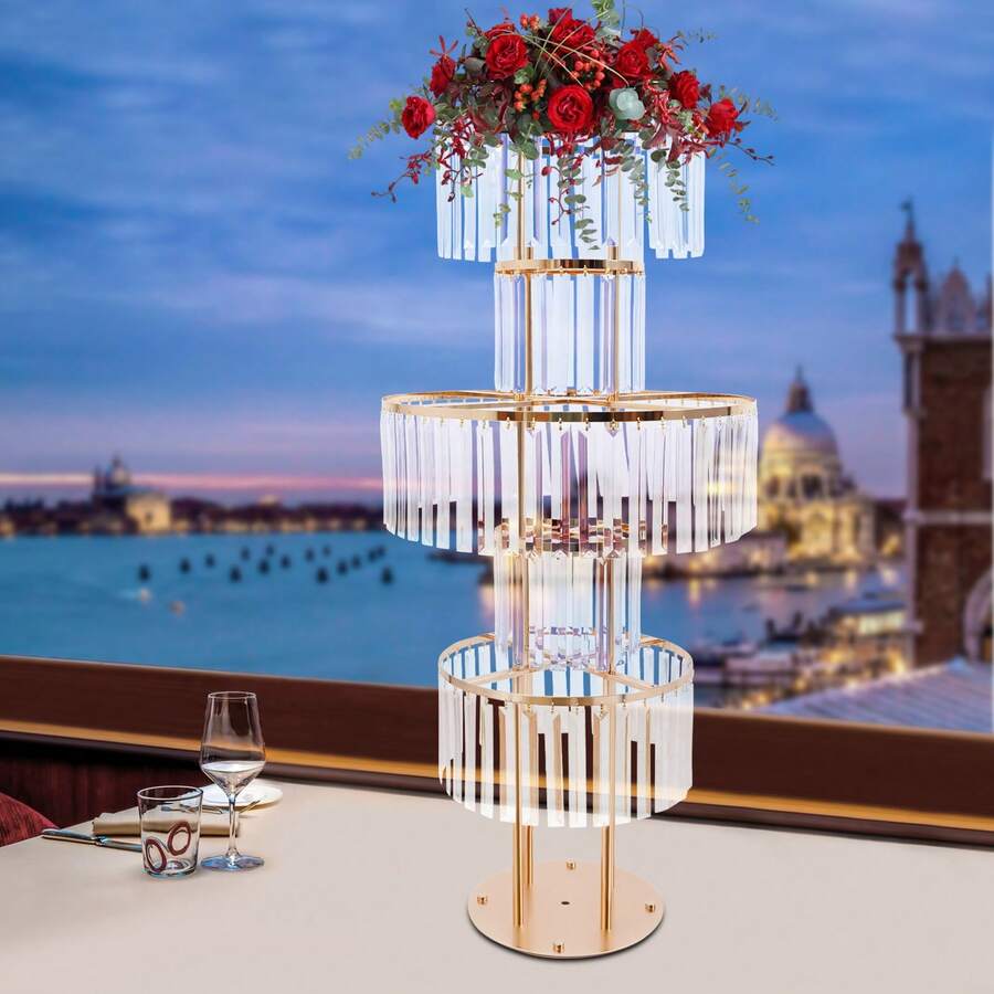 Modern 5-Tier Wedding Flower Stand, 5-Tier Acrylic Crystal Flower Stand, Wedding Vases Centerpieces, Crystal Vases, Elegant Flower Display Holder For Weddings, For Parties, Events Decoration(Round Pedestal, Silver/Gold) - 金色 - 查看 1