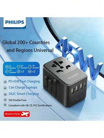 PHILIPS SPB1007B 45W PD Fast Charging 6-Port Output (3A2C), Universal For UK, Europe, And Australia Standards, Travel Adapter With Smart Protection