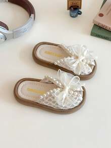 1 Pair Girls' Pearl Bow Lace Breathable Non-Slip Open Toe Flat Sandals, Sweet Princess Style, Suitable For Daily Wear And Parties - Beige - View 2