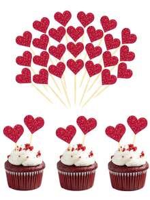 50pcs-Red Heart Cupcake Topper, Glitter Heart Valentine's Day Cupcake Toppers, Glitter Sweet Love Cupcake Picks, Happy Valentine's Day Cake Topper With Glitter Sweet Heart Valentines Food Cake Decorations For Valentine's Day Party, Christmas Decorations - Multicolor - View 2