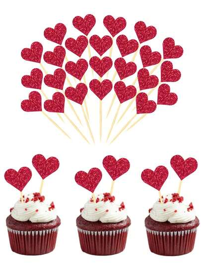 50pcs-Red Heart Cupcake Topper, Glitter Heart Valentine's Day Cupcake Toppers, Glitter Sweet Love Cupcake Picks, Happy Valentine's Day Cake Topper With Glitter Sweet Heart Valentines Food Cake Decorations For Valentine's Day Party, Christmas Decorations