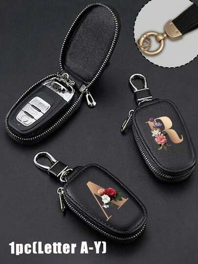 Zippered Key Holder - Stylish Red Flower With Gold Letters (A-Y), Pu Imitation Leather Organizer, Key Holder For Car, Home, And Office - Ideal For Valentine'S Day, Graduation, And Teacher'S Day - Unisex Design, Travel Accessory, Elegant Jewelry, Quality Craftsmanship, Professional Accessory