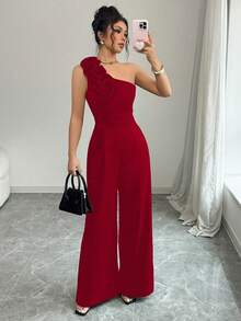 Women's One-Shoulder Jumpsuit With A 3D Rose Print, A Retro And Elegant Wide-Leg Style, Ideal For Banquets, Parties, And Other Occasions. - 紅色 - 查看 1