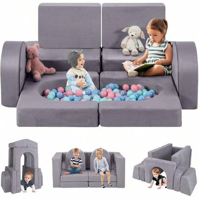 Modular Play Couch 8 PCS Toddler Creative Sectional Building Sofa For Playroom Convertible Versatile Soft Foam Furniture Playset Crawling Cushion Grey 8 PCS