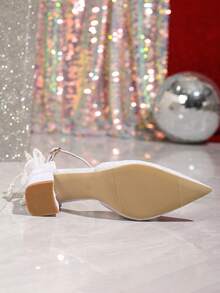 New Fashion Women's Pointed Toe High Heel Shoes, Hollow Out Thick Heel White Pearl Bow Tie Casual Comfortable Pumps