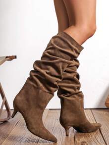 Women's Fashionable Pointed Toe Mid-Calf Boots, Wrinkled Design, Glamorous & Sexy, Suitable For Party, Wedding, Formal Events - Olives - View 2