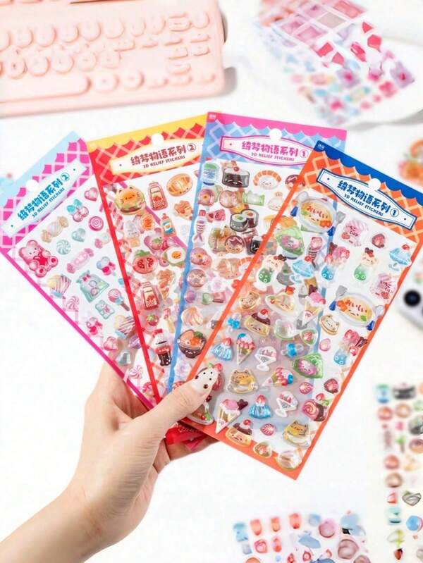 ملصقات مرتفعة ثلاثية الأبعاد بتصاميم كرتونية جذابة، ملصقات شفافة مائية بلورية، ملصقات زخرفية ذات أنماط متنوعة وأغراض متعددة مثل ملصقات الزينة DIY، أغلفة الهواتف، أدوات القرطاسية DIY، إلخ