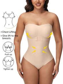 Built-In Bra Seamless Shapewear Thong Bodysuit For Women Tummy Control Strapless Slimming Body Shaper Underwear Under Dresses Abdomen Compression Undershirts Off The Shoulder Spaghetti Strap Removable Shoulder Straps Push Up Padded Bra - 杏色 - 查看 6
