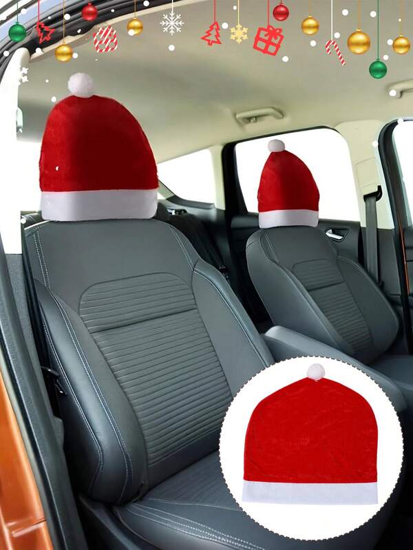 2pcs Christmas Car Covers, Car Seat Covers, Festive Hat Headrest Covers, Car Accessories Interior, Decorative Items For Scene Arrangement, Christmas Decoration