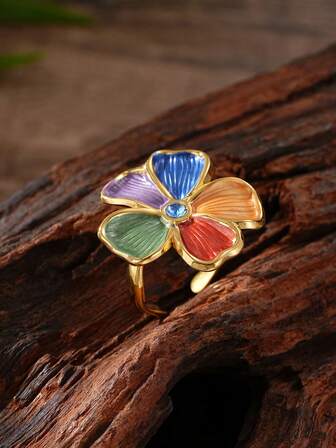 1枚大花朵戒指，高品质镀金首饰，彩色珐琅不锈钢开口戒指，波西米亚风假日奢华女式首饰，日常节日礼物，情人节礼物，生日礼物，节日礼物，特殊场合首饰