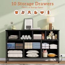 GIKPAL 10 Drawer Dresser For Bedroom, Dresser TV Stand With Power Outlets, Entertainment Center Chest Of Drawers For 55'' Long TV, Wide Fabric Dresser For Storage And Organization,  Black-PU - 查看 6