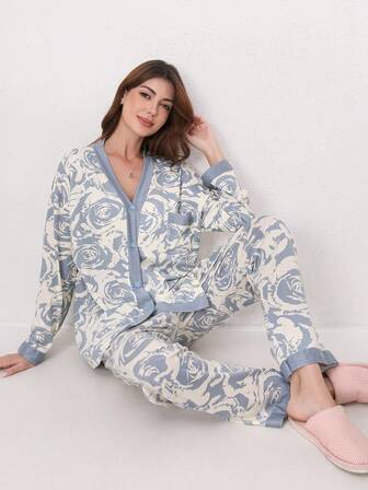 2pcs Women Sleepwear Set, Spring & Autumn, New High-Quality Long Sleeve Pajamas, Rose Floral Pattern Casual Kimono Style Homewear Suit, Suitable For Outerwear