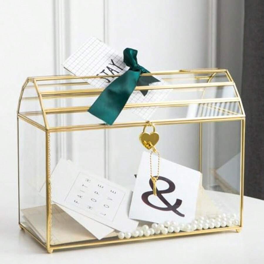 Giadun Wedding Card Box With Slot 12.2'' Large Glass Card Boxes For Reception Gold Card Holder Clear Decorative Storage Box With Lock For Baby Shower Birthday Party Christmas Bridal Shower - Gold102帶蓋 - 查看 1