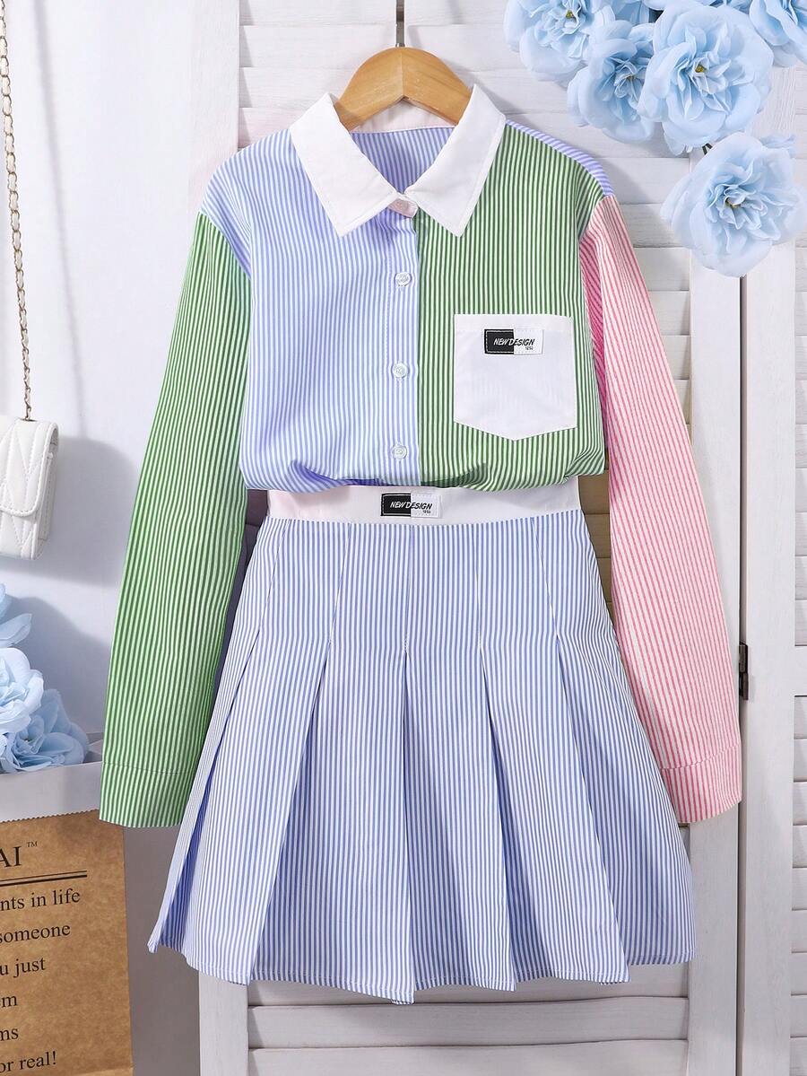 Bộ 2 món/Bộ đồ vest sọc thanh lịch thường ngày cho bé gái tuổi teen và váy sọc, Xuân/Thu - màu xanh lá - Xem 1