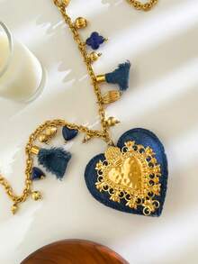 1pc Fashionable Stainless Steel & Fabric 3D Heart Pendant Design 18K Gold Waterproof Necklace, Versatile For Women, Autumn/Winter - Necklace - View 7