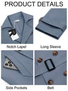 Runcati Men's Double Breasted Trench Coat Notched Lapel Belted Windbreaker Casual Slim Fit Long Overcoat - Xanh xám - Xem 5