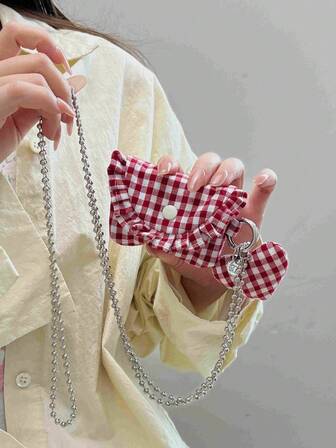 Classic Red & White Plaid Fabric Small Plaid Ruffle Trim White Button Silver Chain Adjustable Crossbody Earphone Case With 3D Red Heart Charm, Fits 4th/3rd/Pro/ Pro 2nd/2nd/1st/Pro 3rd Gen