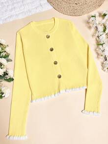 Women's Autumn Graduation Season Casual Crewneck Butter Yellow Ruffle Button Knitted Top Pullover Work/Office - Yellow - View 8