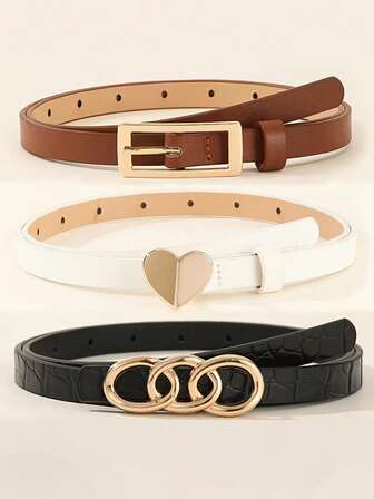 3pcs Women's Belts, Fashion Cute Heart Buckle Crocodile Grain Leather Belts, Lovely Accessory For Dresses, Casual Jeans