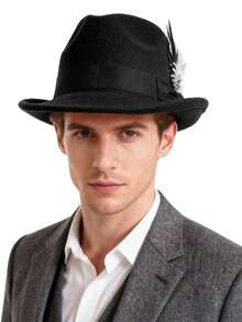 Classic Fedora Hats For Men Gentleman Short Brim Felt Feather Panama Dress Hat - 黑色 - 查看 4
