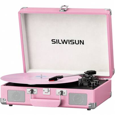SILWISUN Vinyl Record Player 3 Speed Turntable With Bluetooth, Built In Battery, Portable Suitcase, Built In Speakers,Type-C Port 3.5mm Headphone Jack Aux In/RCA Out Pink For Home Decoration Gift