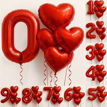 7pcs/Set 40-Inch Red Foil Number Balloons, Optional 18-Inch Heart Shaped Balloons - Perfect For Valentine's Day/Birthday/Wedding Decor, Room Backdrop And Anniversary Party Decoration. - Multicolor - View 3