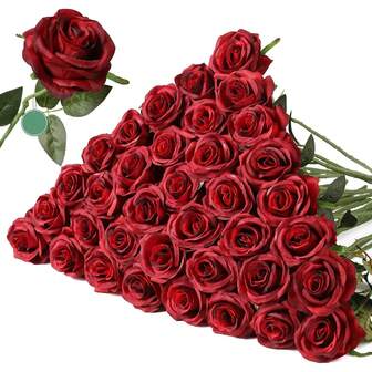 1/80PCS Red Roses Artificial Flowers In Bulk, Realistic Long Stem Fake Silk Roses For Party Home Wedding Centerpiece Office DIY Bouquets Decor