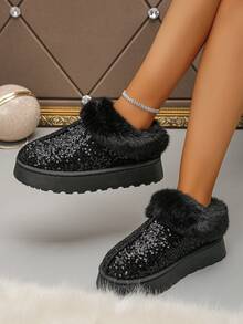 1 par de pantuflas de casa con suela gruesa, forradas y cálidas, de estilo moderno, adecuadas para adolescentes, para otoño/invierno - Negro - Ver 4