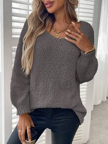 Plus Size Solid Color Crew Neck Casual Long Sleeve Knit Sweater Vacation - Dark Grey - View 2